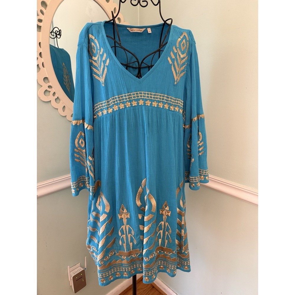 Soft Surroundings Zaneta turquoise blue gold embroidered dress SIZE PL - Picture 4 of 11